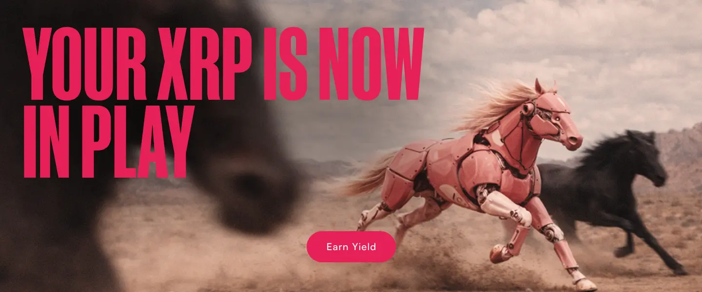 XRPFi banner with 'EARN YIELD, LEND AND STAKE' headline and 'Launch XRPFi' call-to-action button against a desert landscape with running horses